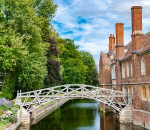 brown concrete bridge over river between green trees under blue sky during daytime